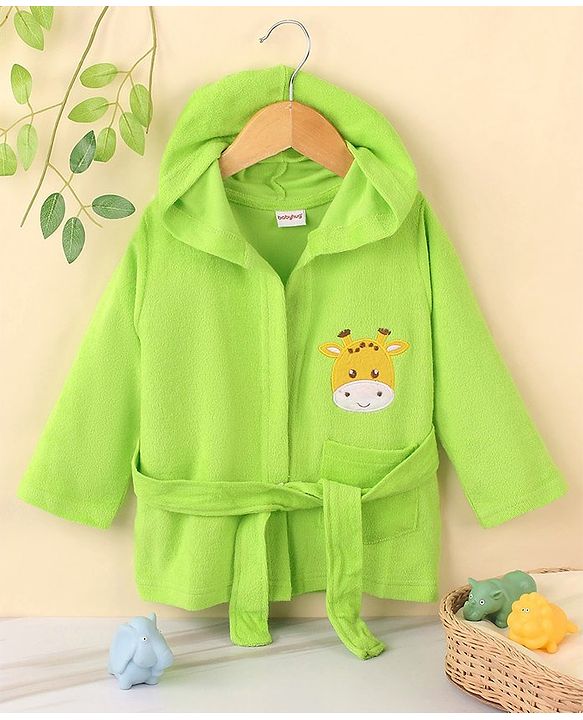Babyhug Full Sleeves Cotton Knit Bathrobe with Hood Tiger Embroidery with Pocket - Green