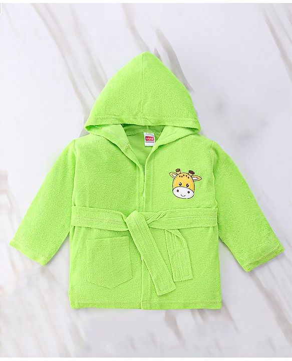 Babyhug Full Sleeves Cotton Knit Bathrobe with Hood Tiger Embroidery with Pocket - Green