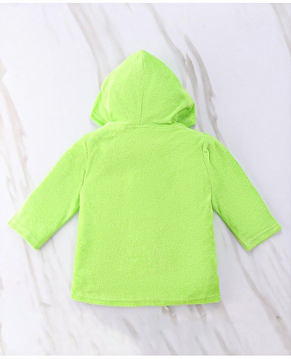 Babyhug Full Sleeves Cotton Knit Bathrobe with Hood Tiger Embroidery with Pocket - Green