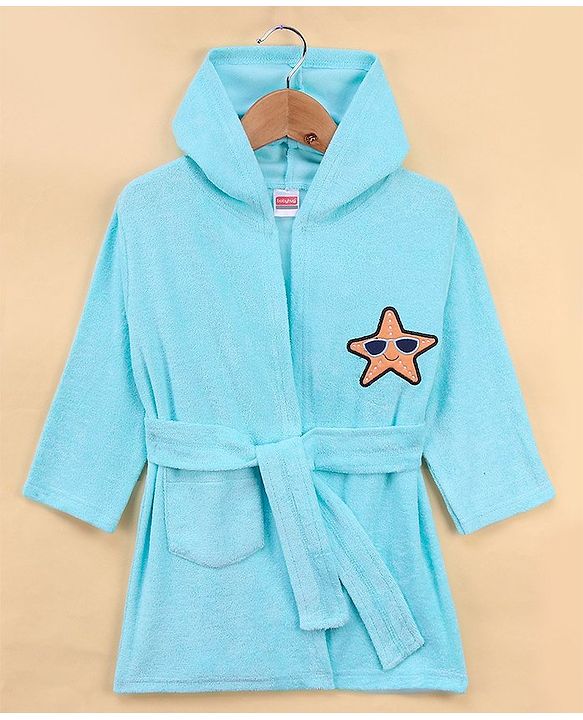 Babyhug Full Sleeves Cotton Knit Hooded Bath Robe  Giraffe Embroidery with Pocket - Blue