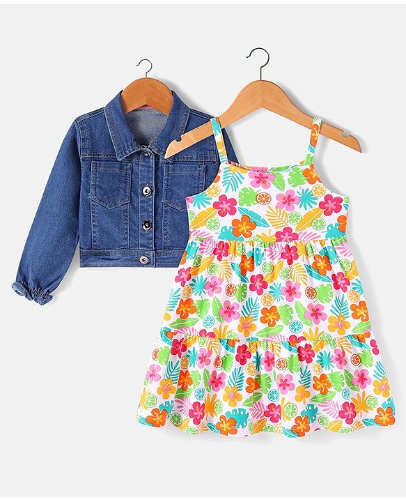 Babyhug Cotton Knit Denim Full Sleeves Jacket With Frock Floral Print - White Pink & Yellow
