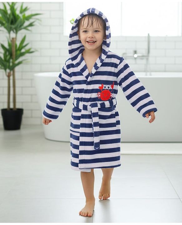 Babyhug Cotton Knit Full Sleeves Hooded Bathrobe with Crab Embroidery - White & Blue