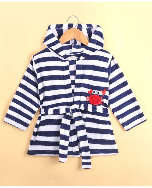 Babyhug Cotton Knit Full Sleeves Hooded Bathrobe with Crab Embroidery - White & Blue