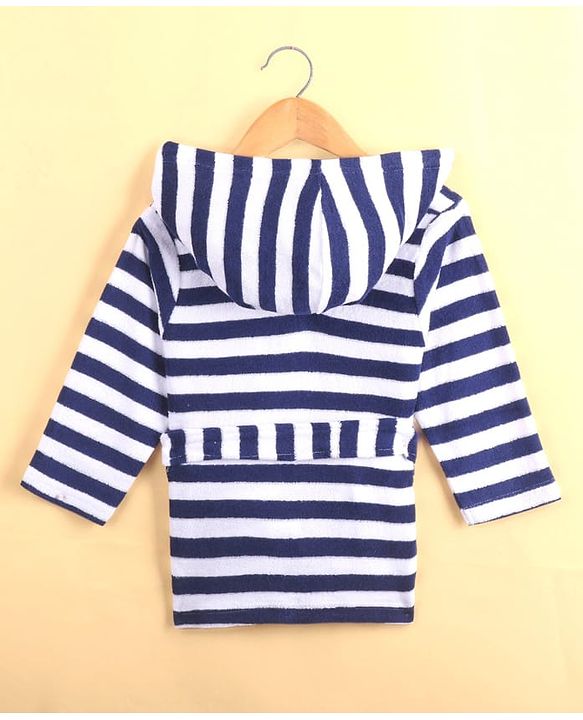 Babyhug Cotton Knit Full Sleeves Hooded Bathrobe with Crab Embroidery - White & Blue