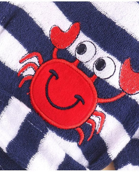 Babyhug Cotton Knit Full Sleeves Hooded Bathrobe with Crab Embroidery - White & Blue