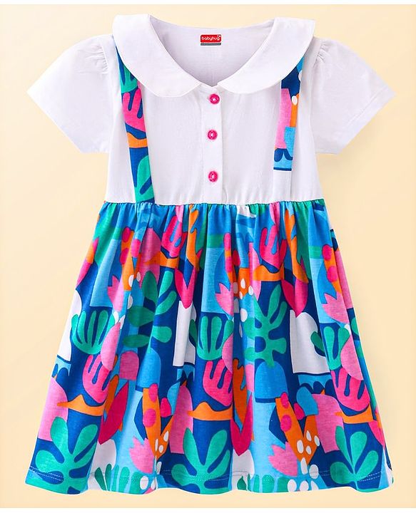 Babyhug Cotton Woven Half Sleeves Floral Printed Frock with Peter Pan Collar Detailing - Blue & White