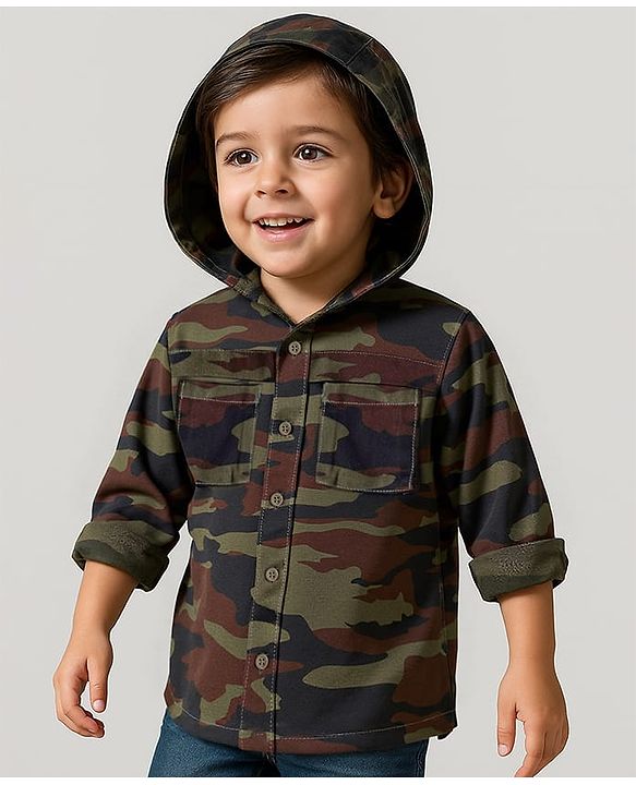 Babyhug Cotton Woven Full Sleeves Hooded Camouflage Printed Shirt - Dark Green