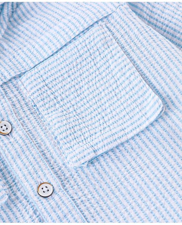 Babyhug Cotton seersucker Woven Full Sleeves Hooded Shirt with Stripes Design - Sky Blue