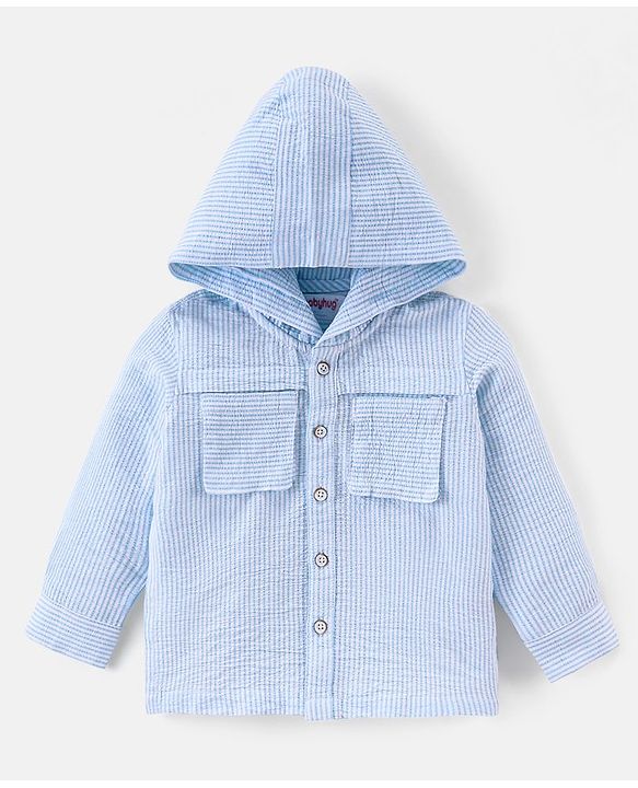 Babyhug Cotton seersucker Woven Full Sleeves Hooded Shirt with Stripes Design - Sky Blue