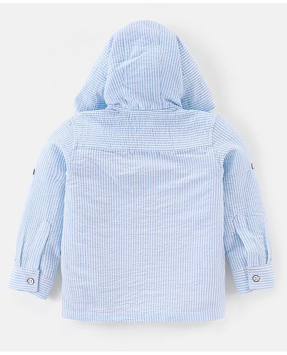 Babyhug Cotton seersucker Woven Full Sleeves Hooded Shirt with Stripes Design - Sky Blue
