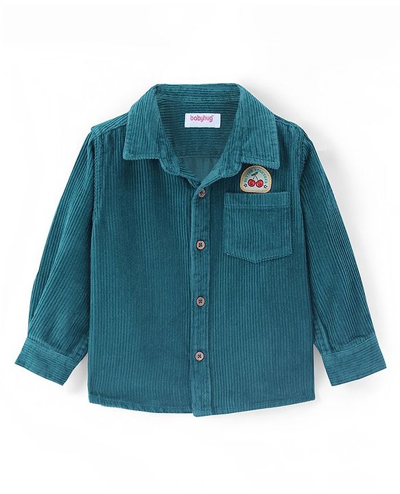 Babyhug Cotton corduroy Woven Full Sleeves Solid Corduroy Shirt With Badge Detailing - Teal Blue