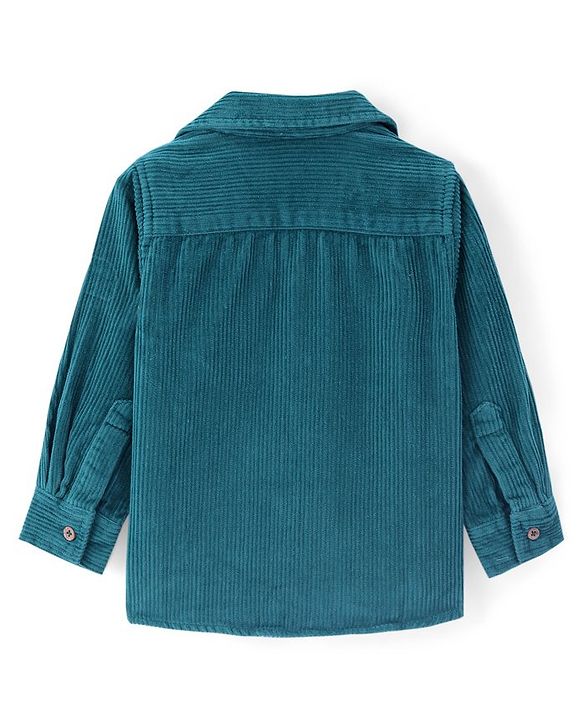 Babyhug Cotton corduroy Woven Full Sleeves Solid Corduroy Shirt With Badge Detailing - Teal Blue