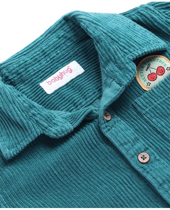Babyhug Cotton corduroy Woven Full Sleeves Solid Corduroy Shirt With Badge Detailing - Teal Blue