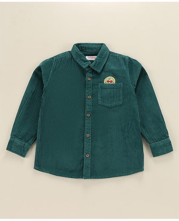 Babyhug Cotton corduroy Woven Full Sleeves Solid Corduroy Shirt With Badge Detailing - Teal Blue