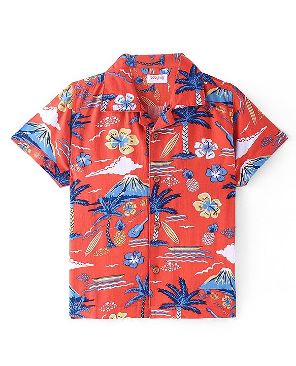 Babyhug Cotton Viscose Woven Half Sleeves Beach Theme Printed Shirt - Red