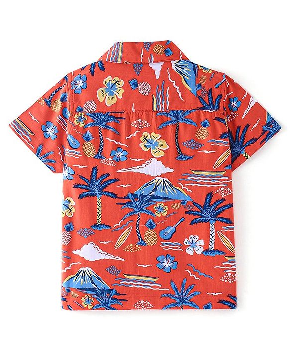 Babyhug Cotton Viscose Woven Half Sleeves Beach Theme Printed Shirt - Red