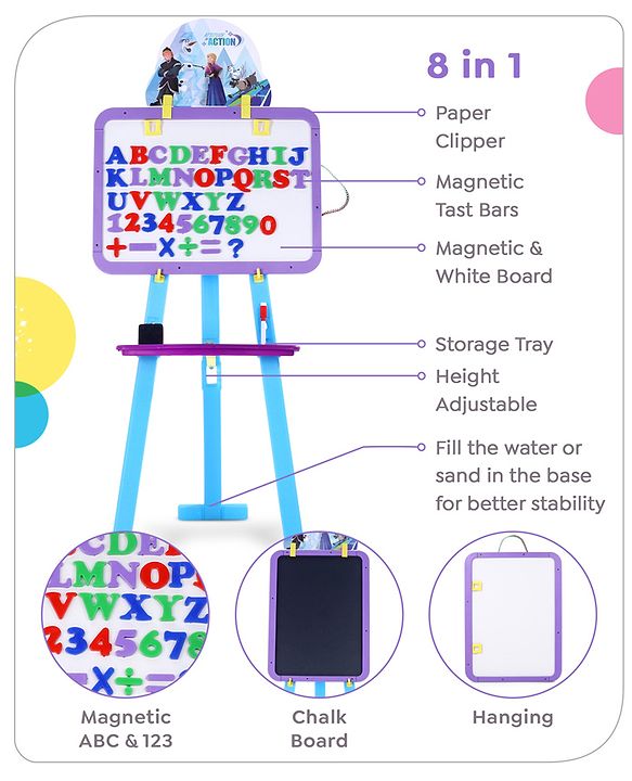 Babyhug Disney Frozen 8-in-1 Easel Board - Multicolor | Magnetic Whiteboard & Chalkboard with Alpha & Numric | Hight Adjustable | Enhances Learning & Creativity | Multicolor |BIS Certified