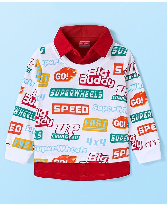 Babyhug Cotton Knit Full Sleeves Overlapped T-Shirt With Text Print - Red & White
