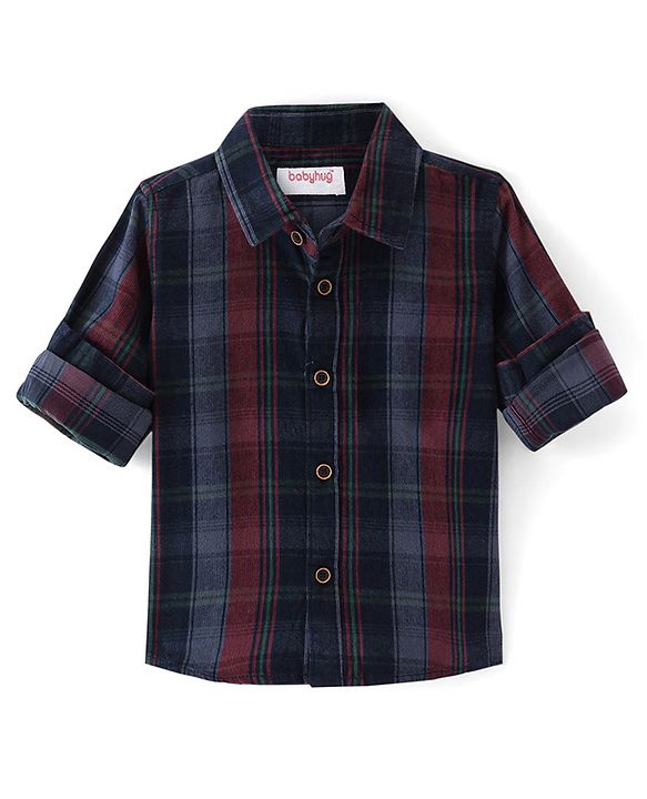 Babyhug Cotton corduroy Woven Full Sleeves Checks Shirt - Navy Blue