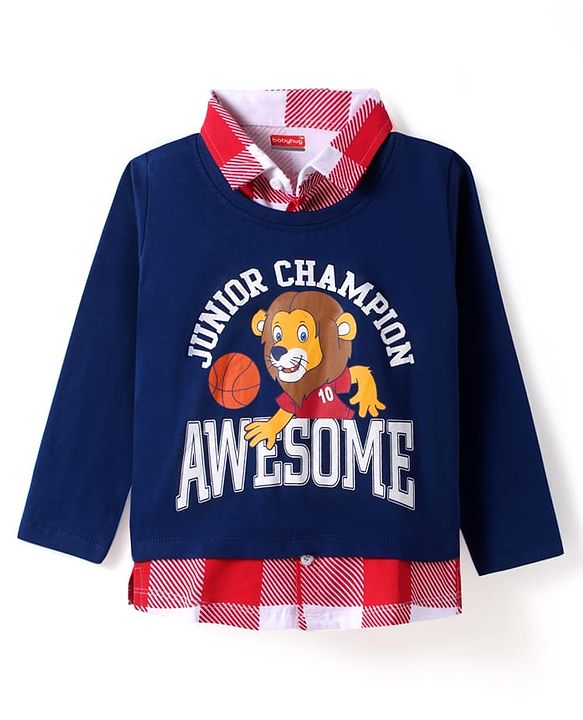 Babyhug Cotton Knit Full Sleeves Overlapped T-Shirt with Lion Graphics - Red & Navy Blue