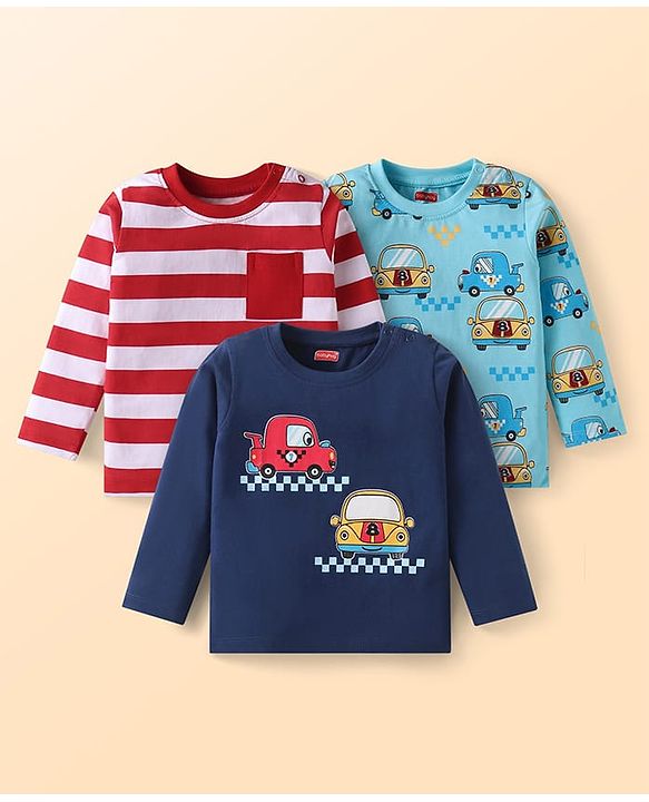 Babyhug Cotton Knit Full Sleeves T-Shirts With Vehicle Print Pack of 3 - Navy Blue Red & Light Blue