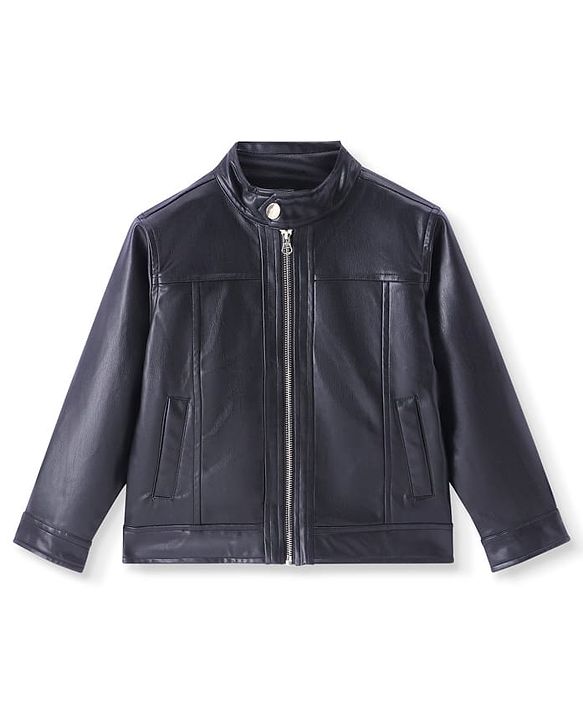 Pine Kids Full Sleeves High Neck Solid Colour Leather Jacket - Black