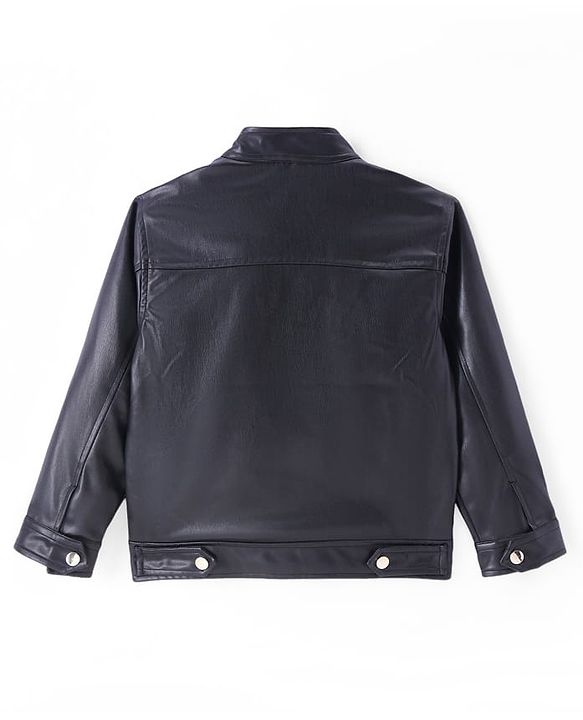 Pine Kids Full Sleeves High Neck Solid Colour Leather Jacket - Black