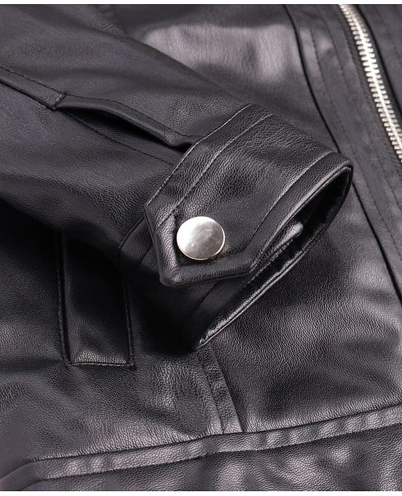 Pine Kids Full Sleeves High Neck Solid Colour Leather Jacket - Black