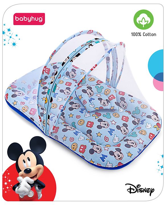 Babyhug Disney Gadda Set With Mosquito Net Smiley Mickey Face Print - Blue