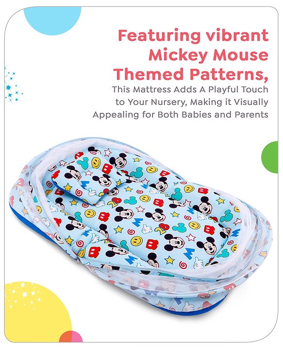 Babyhug Disney Gadda Set With Mosquito Net Smiley Mickey Face Print - Blue
