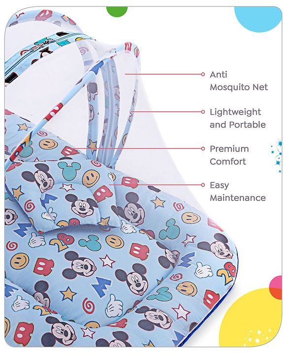 Babyhug Disney Gadda Set With Mosquito Net Smiley Mickey Face Print - Blue