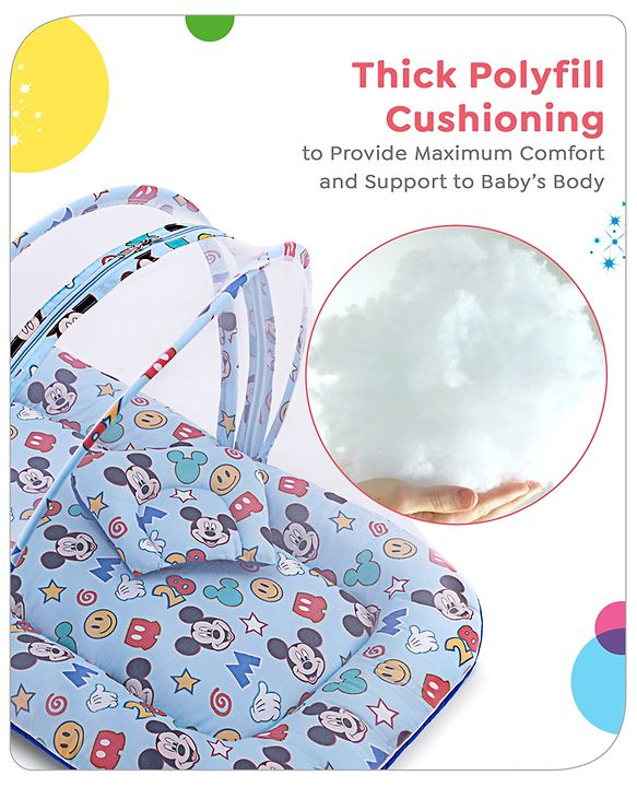 Babyhug Disney Gadda Set With Mosquito Net Smiley Mickey Face Print - Blue