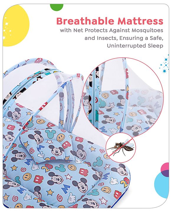 Babyhug Disney Gadda Set With Mosquito Net Smiley Mickey Face Print - Blue