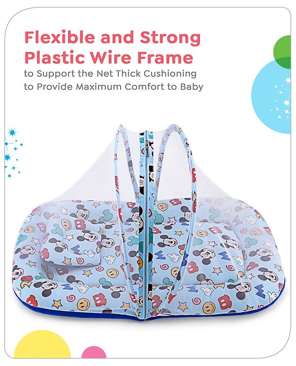 Babyhug Disney Gadda Set With Mosquito Net Smiley Mickey Face Print - Blue