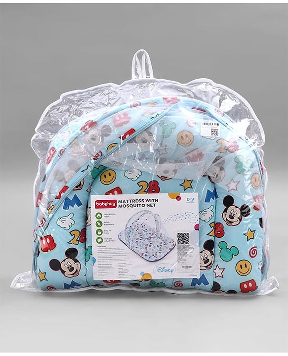 Babyhug Disney Gadda Set With Mosquito Net Smiley Mickey Face Print - Blue