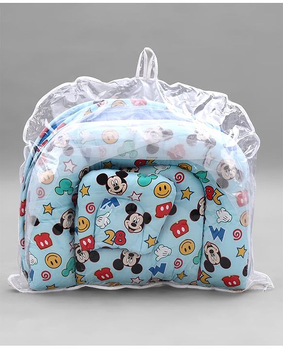 Babyhug Disney Gadda Set With Mosquito Net Smiley Mickey Face Print - Blue