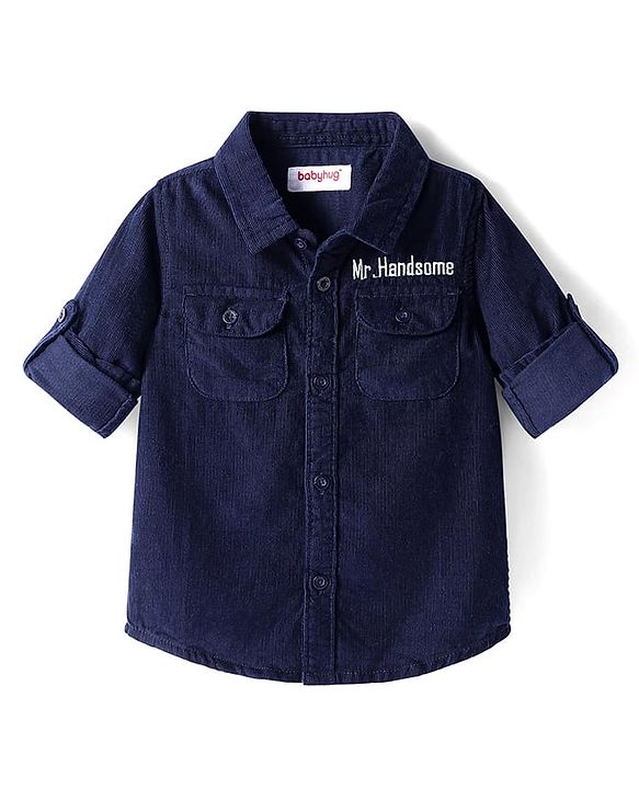 Babyhug Cotton Woven Full Sleeves Solid Corduroy Shirt with Text Embroidered - Navy Blue