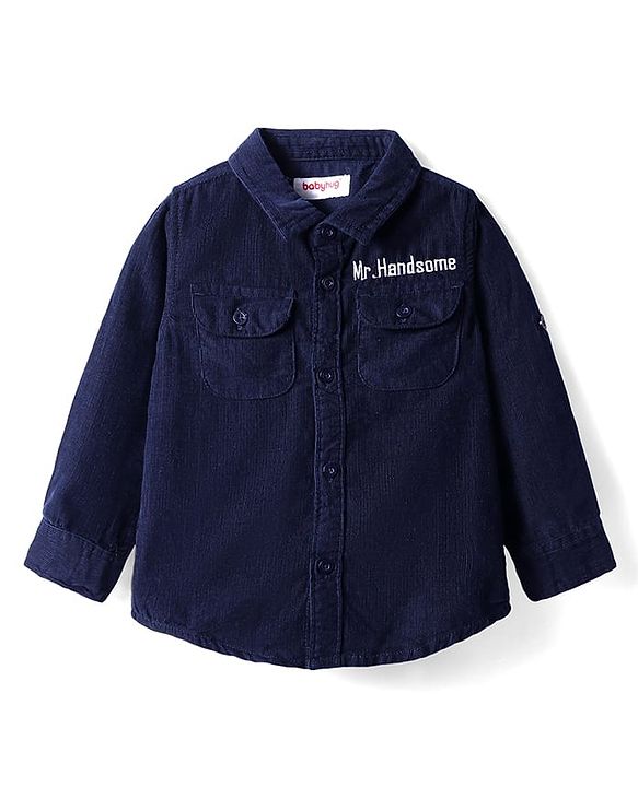 Babyhug Cotton Woven Full Sleeves Solid Corduroy Shirt with Text Embroidered - Navy Blue