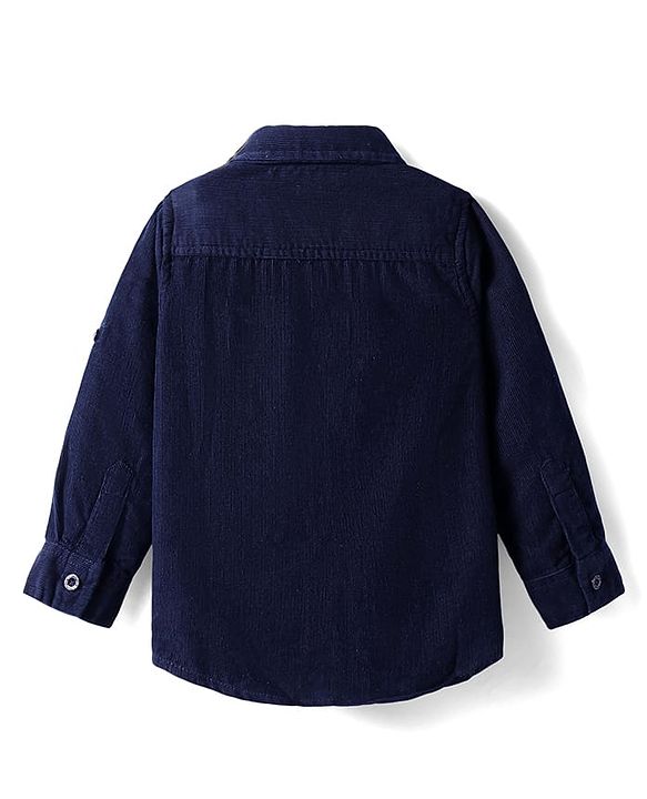 Babyhug Cotton Woven Full Sleeves Solid Corduroy Shirt with Text Embroidered - Navy Blue