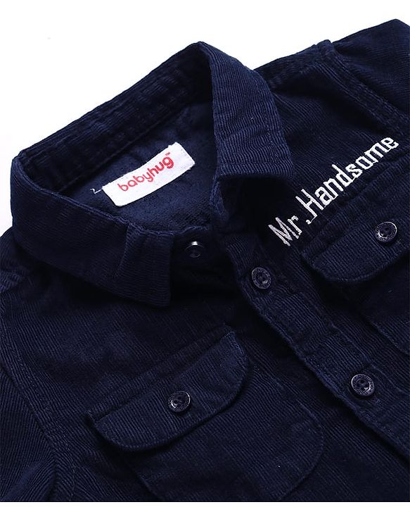 Babyhug Cotton Woven Full Sleeves Solid Corduroy Shirt with Text Embroidered - Navy Blue