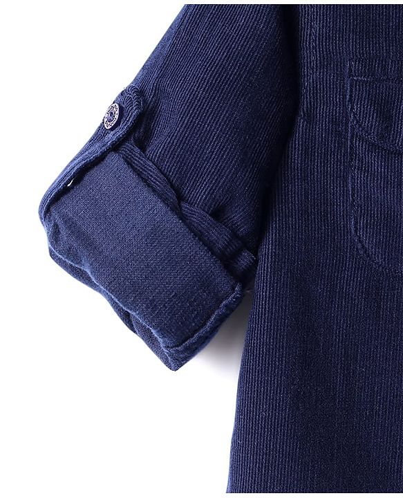 Babyhug Cotton Woven Full Sleeves Solid Corduroy Shirt with Text Embroidered - Navy Blue