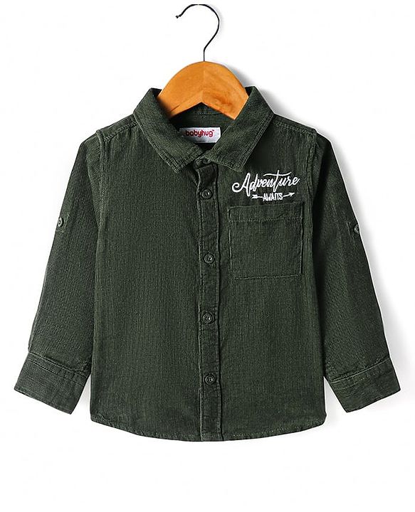 Babyhug Cotton Woven Full Sleeves Solid Corduroy Shirt - Olive Green
