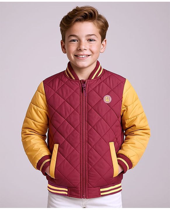 Pine Kids Cotton Knit Full Sleeves Bomber Jacket with Patch Detailing - Maroon & Yellow