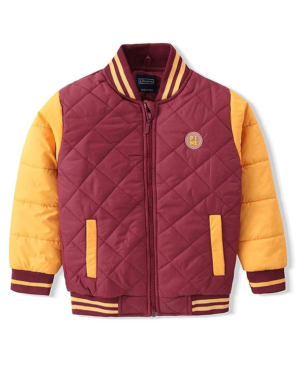 Pine Kids Cotton Knit Full Sleeves Bomber Jacket with Patch Detailing - Maroon & Yellow