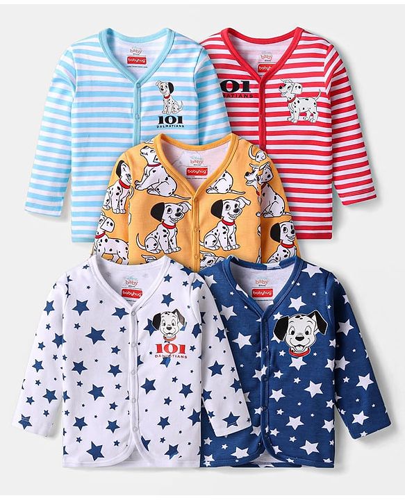 Babyhug Disney Cotton Knit Full Sleeves Front Open Jhablas With Stripes & 101 Dalmatians Graphics Pack of 5 - White Blue & Orange