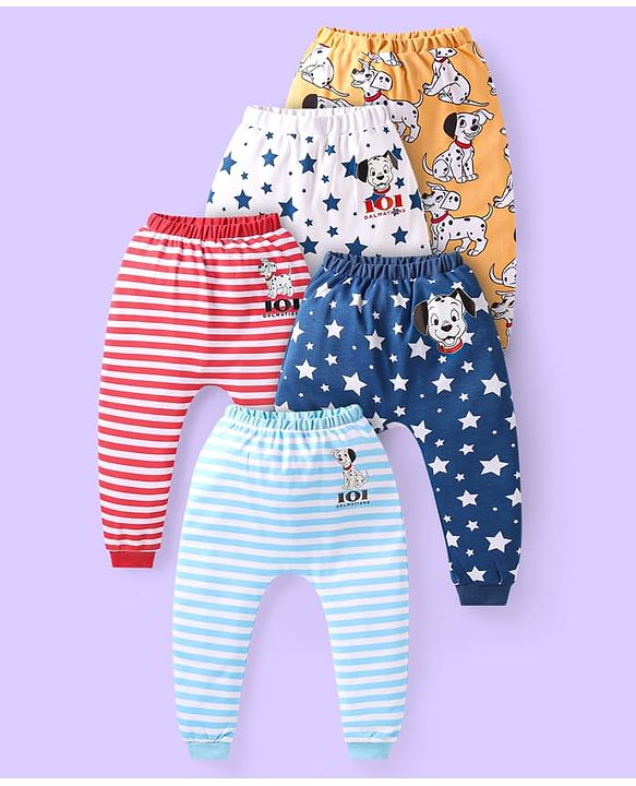 Babyhug Disney Interlock Knit Full Length Diaper Legging with 101 Dalmatians Graphics Pack of 5 - Blue Red & White
