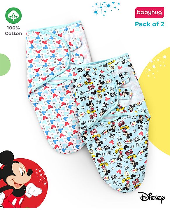 Babyhug Disney Swaddle Cool Mickey Print Set of 2 - Blue & White