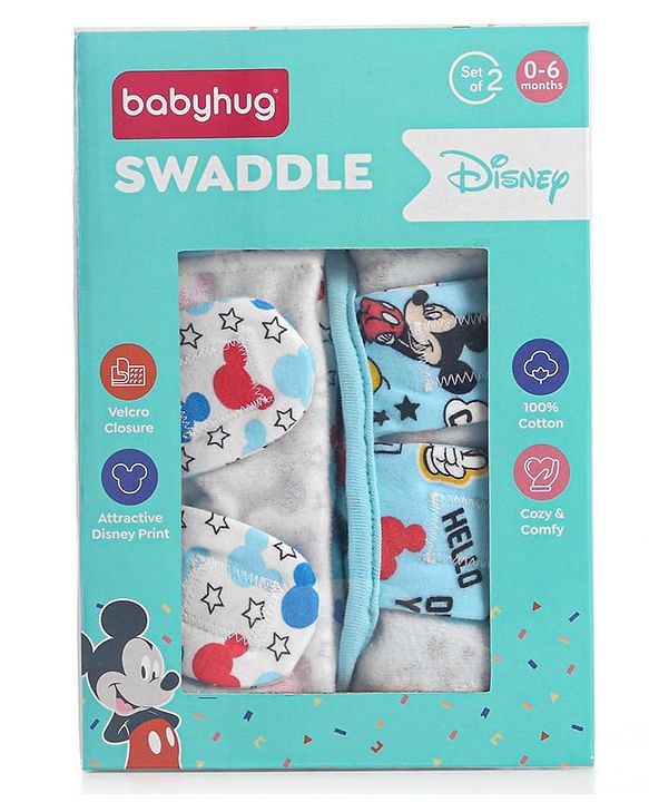 Babyhug Disney Swaddle Cool Mickey Print Set of 2 - Blue & White