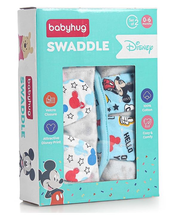 Babyhug Disney Swaddle Cool Mickey Print Set of 2 - Blue & White