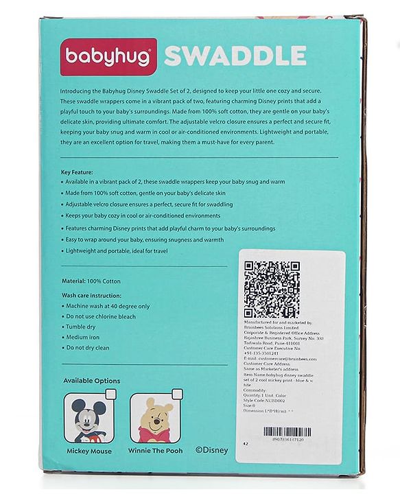 Babyhug Disney Swaddle Cool Mickey Print Set of 2 - Blue & White